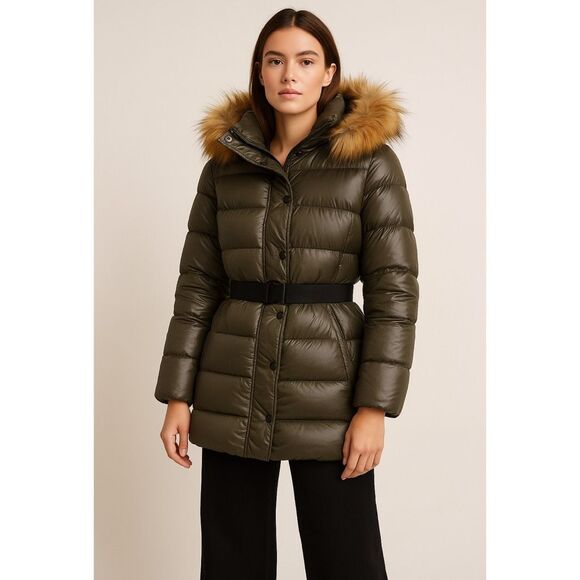 S13 Chalet Belted Faux-Fur-Trim Hooded Down Puffer Coat Green Size Small - Picture 1 of 16